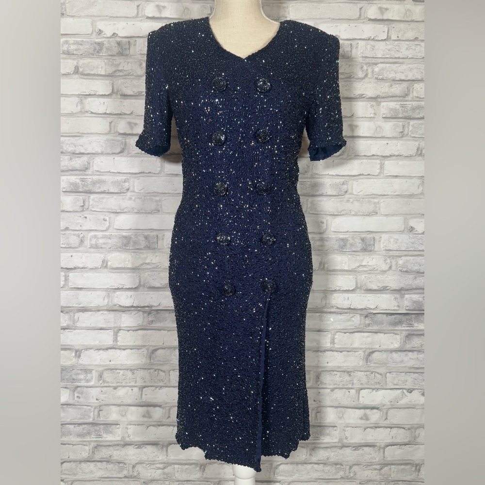 Laurence Kazar Vintage Blue Sequin Beaded Sheath Midi Dress